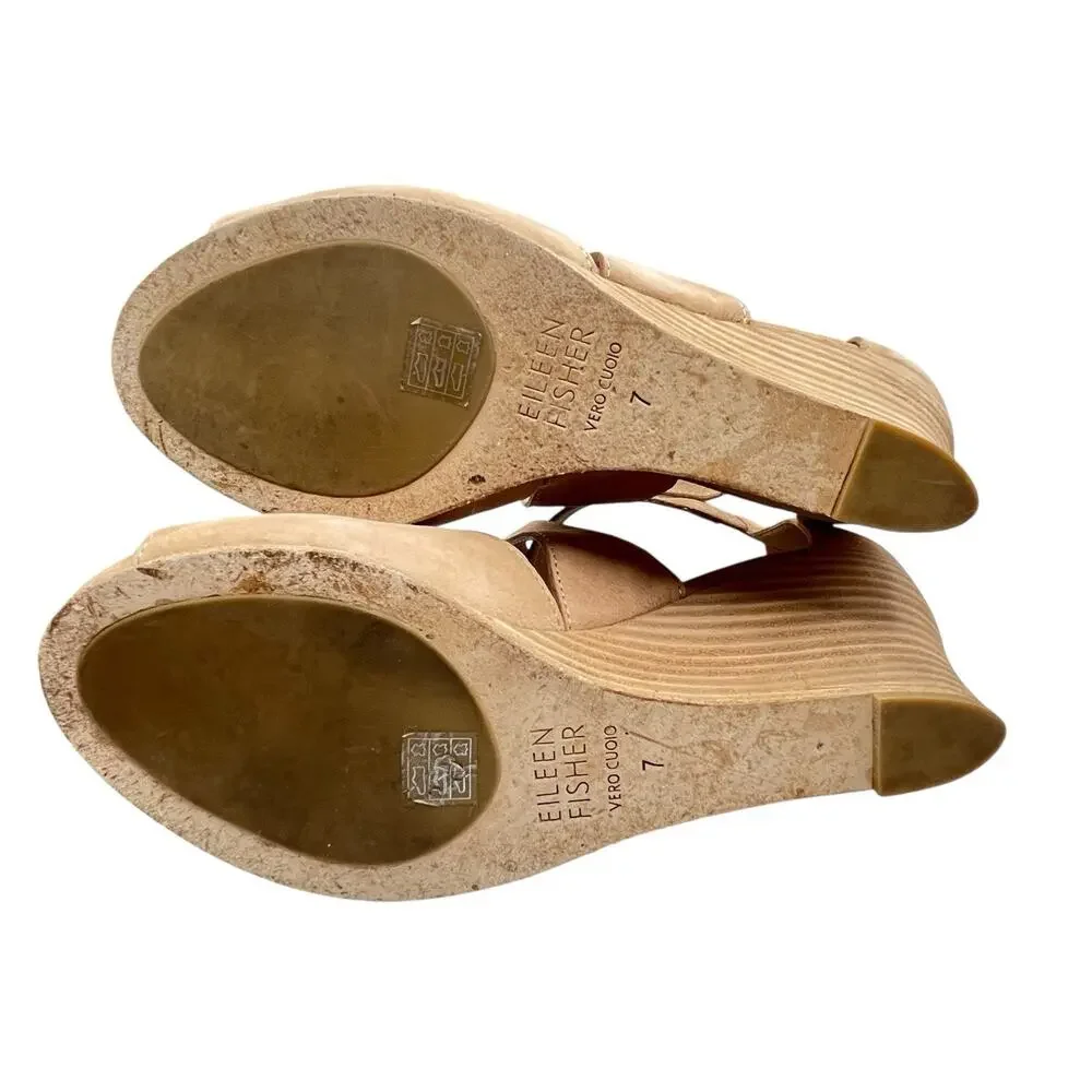 Eileen Fisher Carole Sandals Wedges Women Size 7 Tan Caramel Ankle Strap 3 Inch